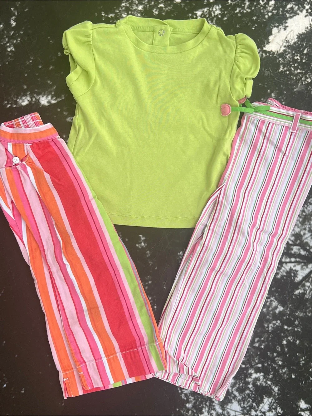Y2K Gymboree Girls 3T 3pc Green Ruffle Tee & 2 Striped Knit Pants Set